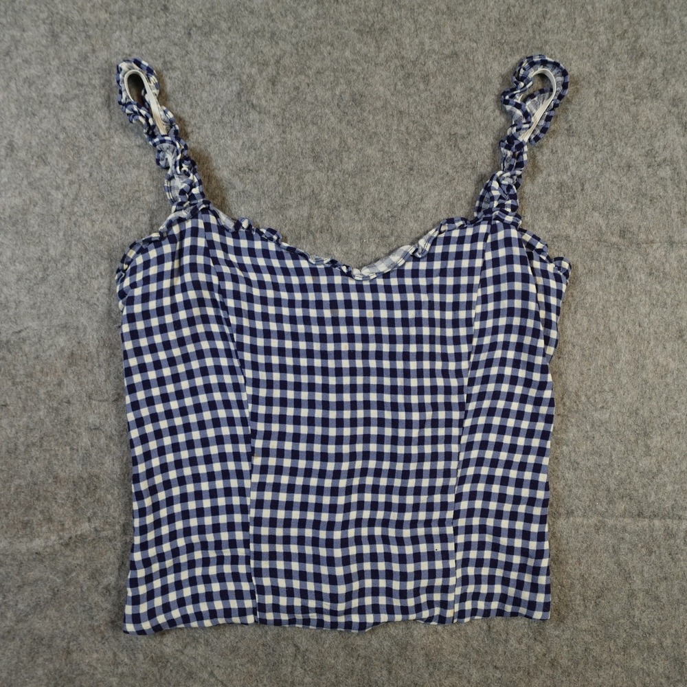 Reformation Top Womens 2 Havana Gingham Check Navy White Ruffle Strap Sweetheart - Picture 2 of 7